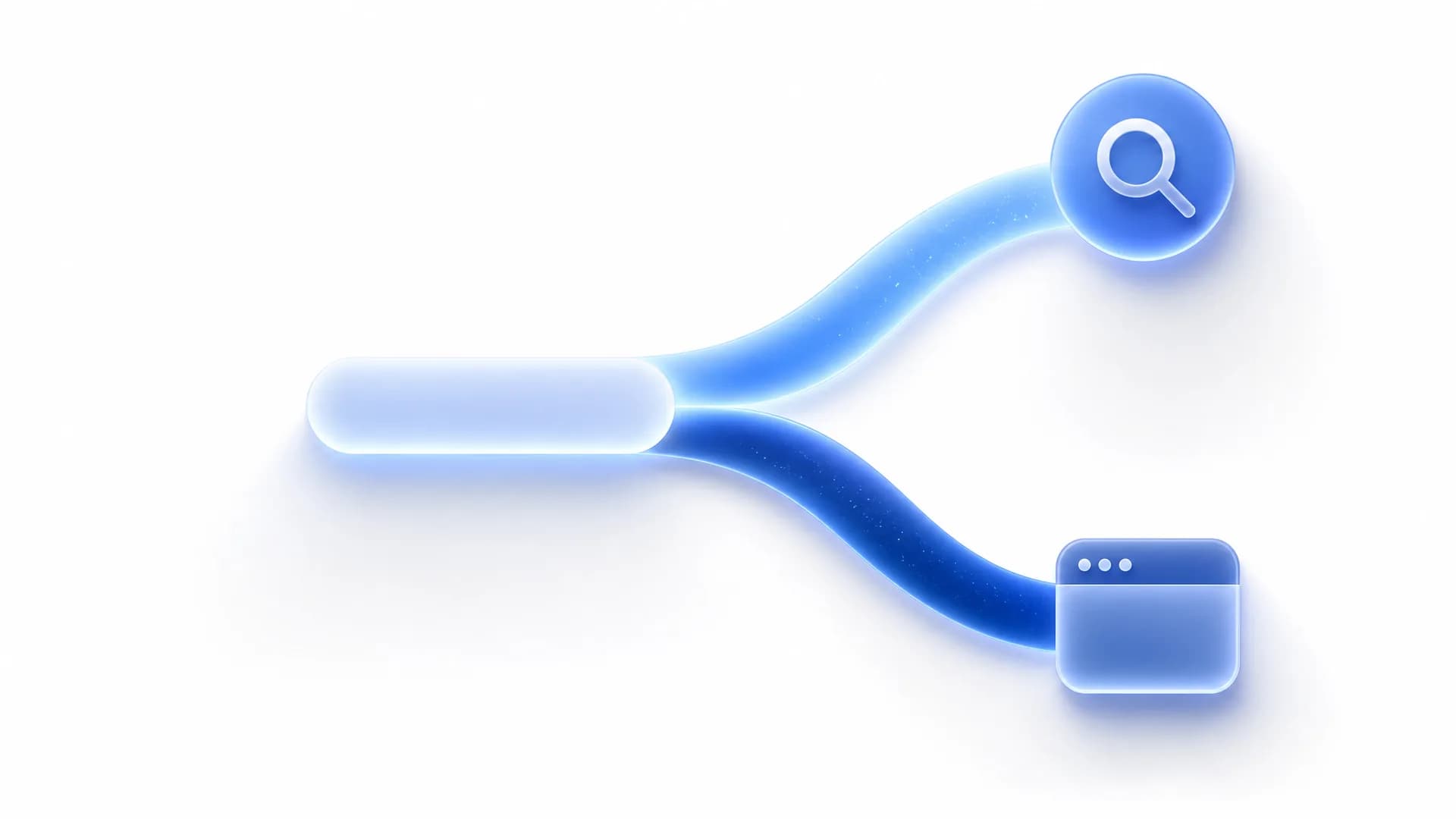 A glowing search bar splitting into two paths, one curving toward a magnifying glass, the other toward a browser window