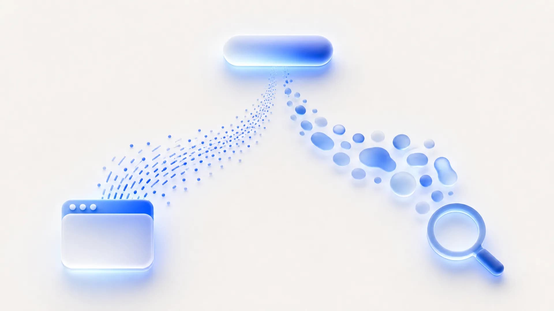 Abstract diagram of a browser deciding, with dots and slashes flowing toward a website window and plain words flowing toward a magnifying glass