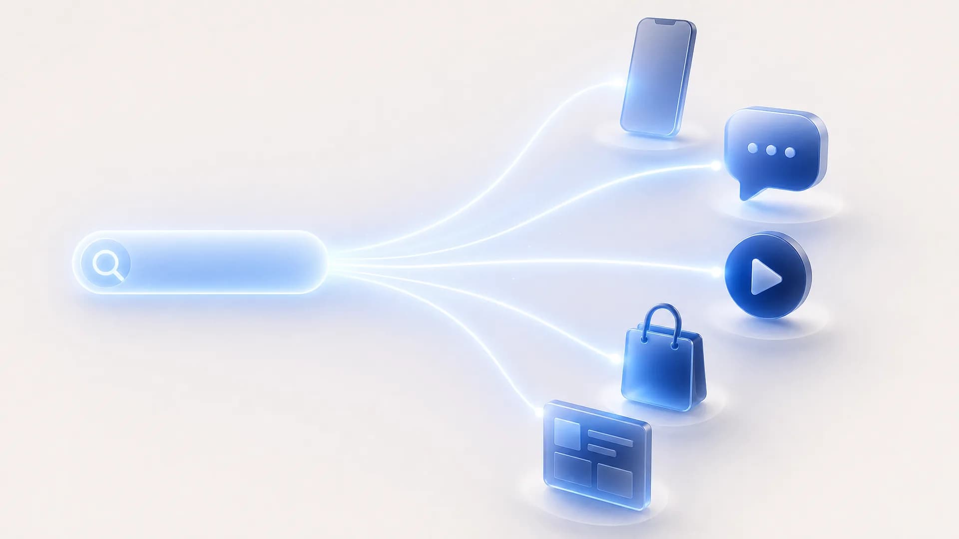 Abstract Edward-blue illustration of one search query fanning out across many surfaces and devices